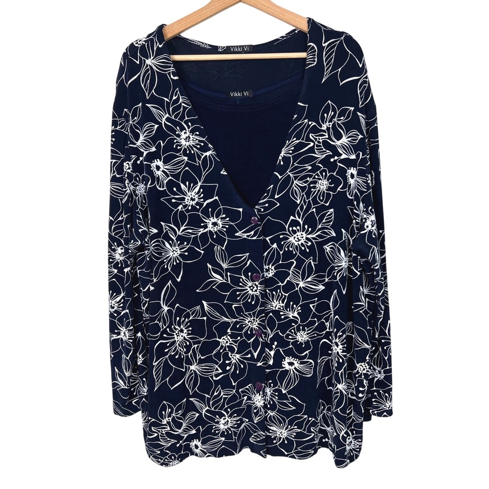 Vikki Vi Womens 2X Navy Blue Floral‎ Slinky Knit Cardigan and Tank Twin Set USA